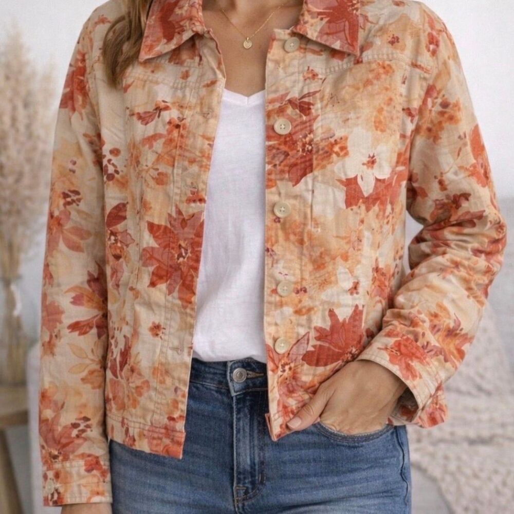 Coldwater Creek NWOT Size Small Orange Floral Lightweight Button Front Jacket
